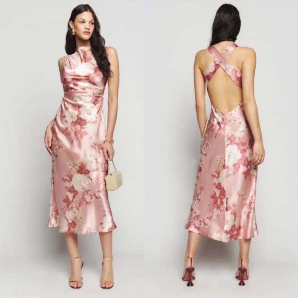 Reformation casette midi silk dress bellini pink floral size 10 NWT
